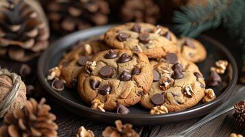 Plate of Cookies With Chocolate Chips and Nuts photo
