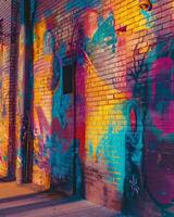 Colorful Graffiti on Brick Wall Next to Sidewalk photo