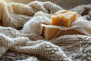 Soap Bar Resting on Plaid Blanket photo