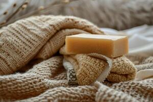 Bar of Soap on Patterned Blanket photo