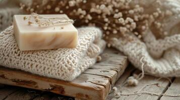 Soap Bar Resting on Wooden Surface photo