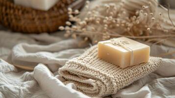 Bar of Soap on Plaid Blanket photo