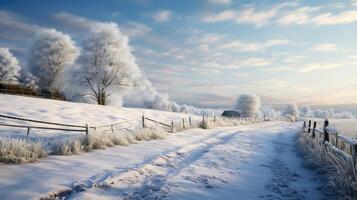Snow Covered Field With Fence and Trees photo