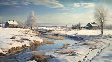 Snowy Landscape With Stream photo