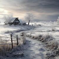 Snow Covered Field With Distant House photo
