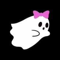 Cute ghost with a pink bow. Happy halloween funny scary character, spooky expression creature. Holiday print. Mystery creative clipart vector
