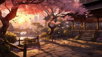 Lush Park Painting With Trees and Flowers photo
