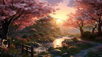 Sunset Painting of River With Pagoda photo