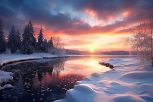 Sun Setting Over Frozen Lake photo