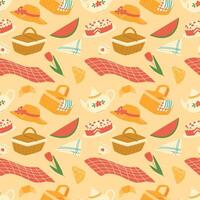 Picnic seamless pattern. Background with blanket, picnic food, hat and teapot. vector