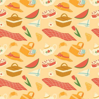 Picnic seamless pattern. Background with blanket, picnic food, hat and teapot.