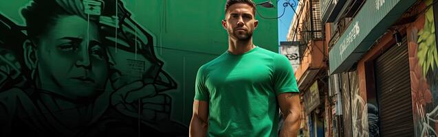 Man Standing in Front of Green Wall photo