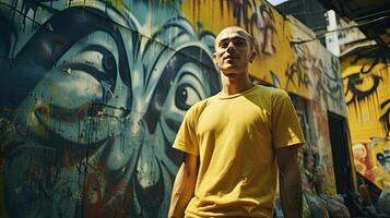 Man Standing in Front of Graffiti Wall photo