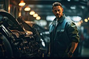 Man Standing Next to Car in Garage photo