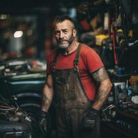 Man Standing in Front of Car in Garage photo