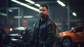 Man Standing Next to Car in Garage photo