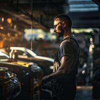Man Standing in Front of Row of Parked Cars photo