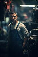 Man Standing Next to Car in Garage photo