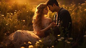 Man and Woman Sitting in Field of Flowers photo