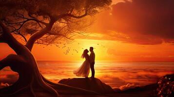 Bride and Groom Standing on Cliff at Sunset photo