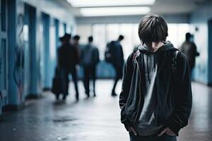 Man Standing in Hallway With Hands in Pockets photo
