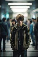 Man Standing in Hallway With Hands in Pockets photo
