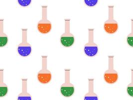 Seamless pattern of chemistry flasks for science backgrounds. Colorful lab equipment for educational and medical illustrations vector