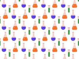 Seamless pattern of colorful chemistry flasks for educational backgrounds. Laboratory glassware repeating design for science-themed decor vector