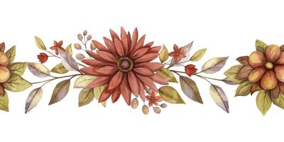 Seamless border with autumn watercolor flower and leaf. Hand drawn arrangement with blooming in rustic style red and orange color. Perfect for fall botanical frame and card designs. vector