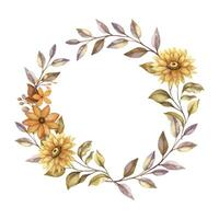 Fall flower wreath with watercolor Sunflower and branch leaf. Hand drawn frame with blooming in rustic style with yellow color. Perfect for botanical invitation and card designs. vector