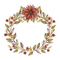 Fall flower wreath with watercolor Aster and branch leaf. Hand drawn frame with blooming in rustic style with red color. Perfect for autumn botanical invitation and card designs. vector