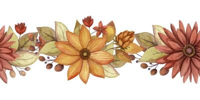 Seamless border with autumn watercolor flower and leaf. Hand drawn floral arrangement with blooming in rustic style and orange color. Perfect for fall botanical frame and card designs. vector