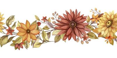 Seamless border with autumn watercolor flower and leaf. Hand drawn curve arrangement with blooming in rustic style and orange color. Perfect for fall botanical frame and card designs. vector