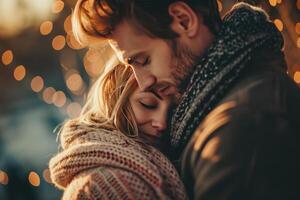 Couple Embracing in Front of String Lights photo