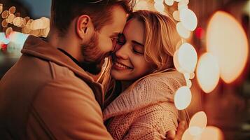 Couple Embracing in Front of String Lights photo