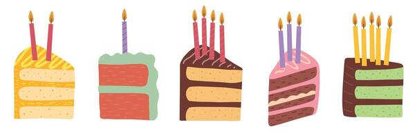 Cakes slices pieces with candles for one, two, three, four and five years isolated on white. Set of cakes. Birthday party. for postcards and stickers vector
