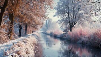 Snow-Covered Forest With River Flowing Through photo