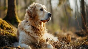 Golden Retriever Dog Resting in Forest photo