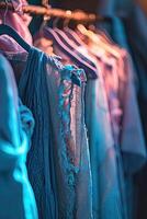 Array of Hanging Clothes on a Metal Clothes Rack. photo