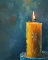 Painting of a Lit Candle on a Wooden Table photo