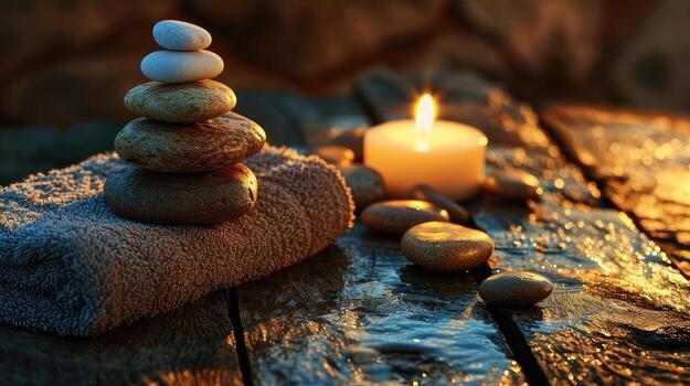 apilar de rocas en toalla con vela foto