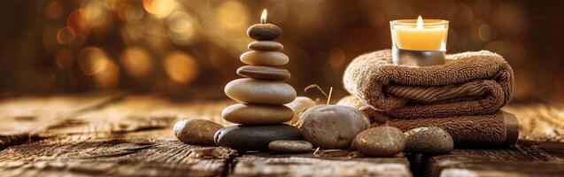 Stack of Rocks and Candle on Table photo