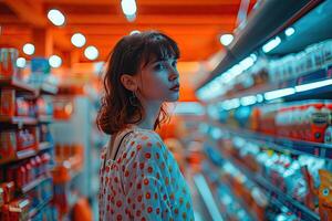Woman Standing in Grocery Store Aisle photo