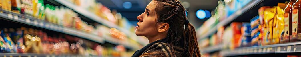 Woman Standing in Store Aisle Looking Up photo