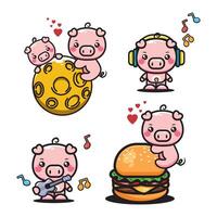 Set of cute cartoon pig characters with different emotions. illustration. vector