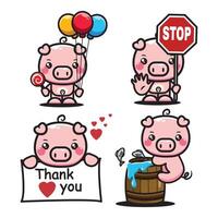 Set of cute cartoon pig with different emotions. illustration isolated on white background. vector