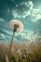Dandelion Blowing in Wind in Field photo