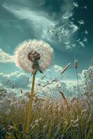 Dandelion Blowing in Wind in Field photo