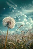 Dandelion Blowing in Wind in Field photo