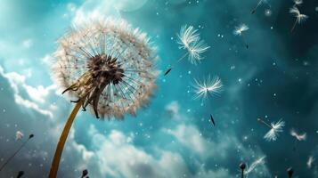 Dandelion Blowing in Wind on Cloudy Day photo